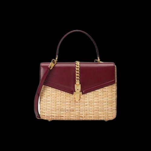 Gucci Sylvie Wicker Small Top Handle Bag 'Beige/Burgundy'