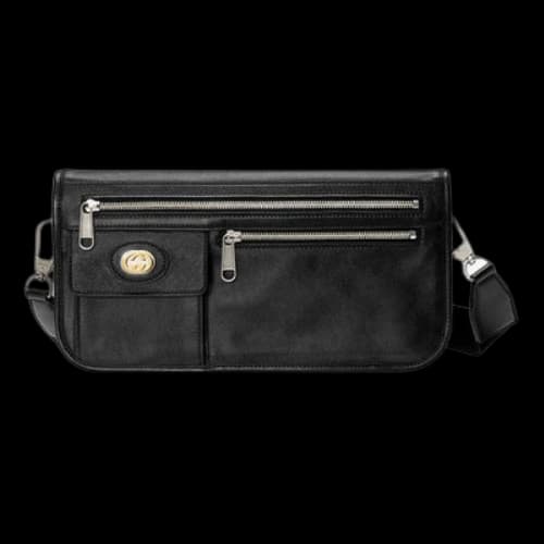 Gucci Metallic Interlock Double G Soft Leather fanny pack Shoulder Messenger Bag Unisex / Black Classic