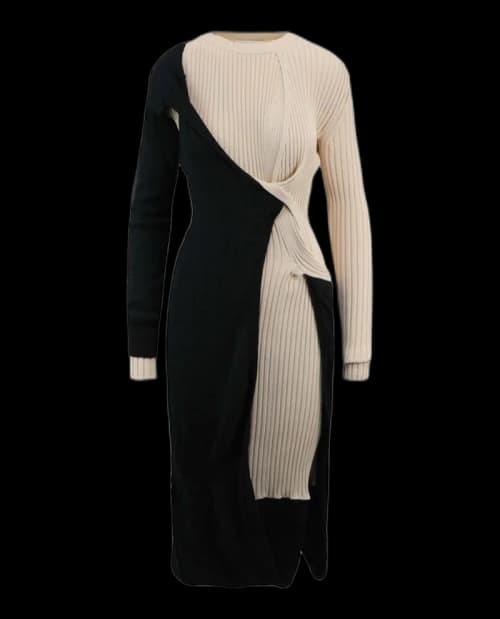 Bottega Veneta Draped Ribbed Knit Midi Dress Black/White