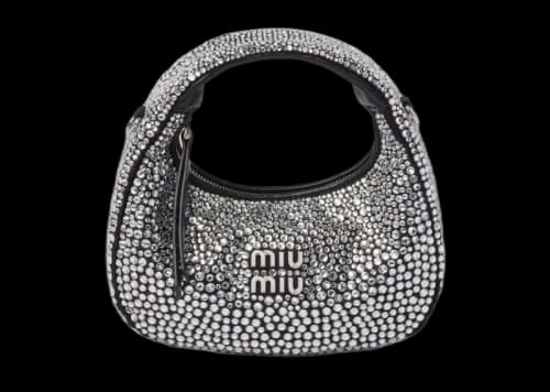Miu Wander Satin and Silk Mini Hobo Bag with Synthetic Crystals Black