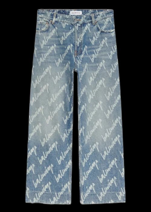Balenciaga Womens All Over Logo Cropped Denim Trousers Indigo/White