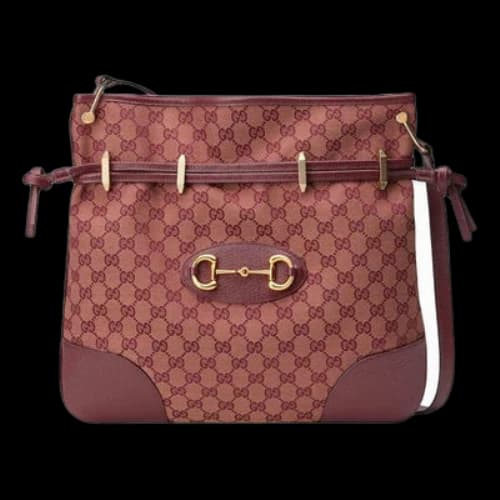 Gucci Horsebit 1955 Retro Gold buckle Logo Canvas Drawstring Shoulder Messenger Bag Deep Red Classic (Women's)