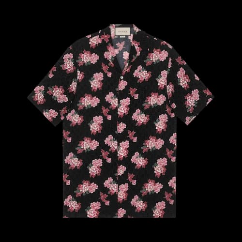 Gucci Peony Print Silk Bowling Shirt 'Black/Pink'