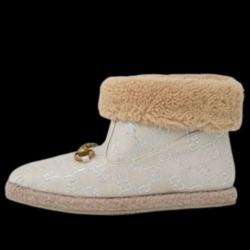 Gucci Canvas Wool Lame GG Monogram Fria Horsebit Ankle Boots 'Gardenia Silver' (Women's)