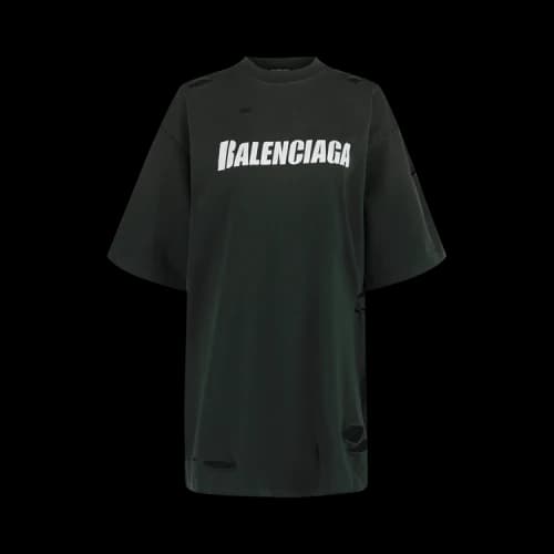 Balenciaga Women's Caps Destroyed Boxy Fit T-Shirt Dark/Green/White