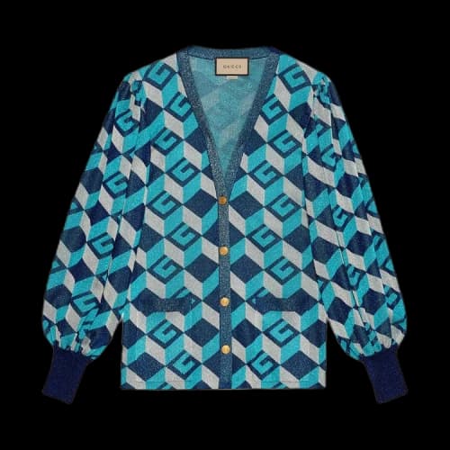 Gucci Lamé Jacquard Cardigan With Geometric G 'Dark Blue/Azure/Silver'