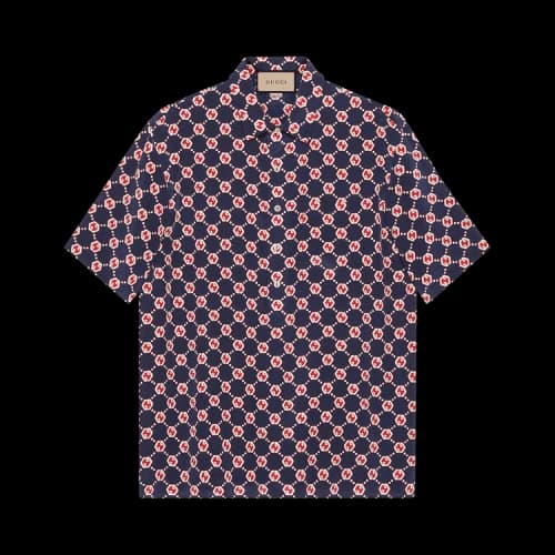Gucci GG Hexagon Silk Crepe Bowling Shirt 'Blue Ivory'