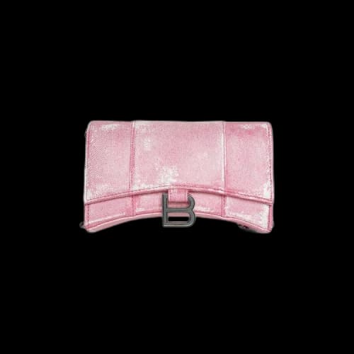 Balenciaga Denim Print Hourglass Wallet On A Chain Pink