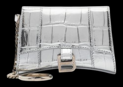 Balenciaga Hourglass Croc Embossed Leather Keyring Wallet Silver