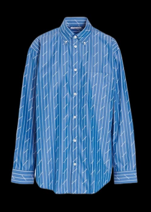 Balenciaga Womens Oversized Stripe Logo Long Sleeve Shirt Blue White