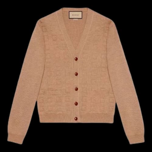 Gucci V-Neck Square G Jacquard Wool Cardigan 'Camel'