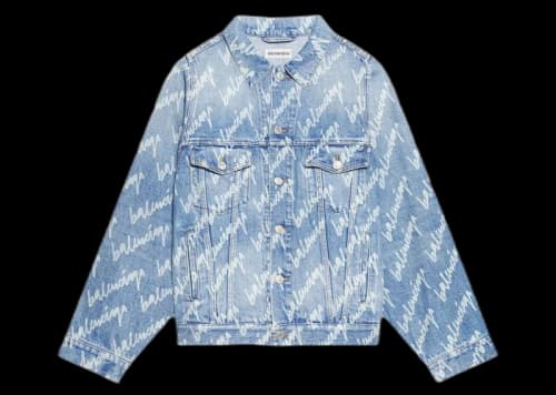 Balenciaga Womens All Over Logo Bell Sleeve Large Fit Denim Jacket Indigo/White