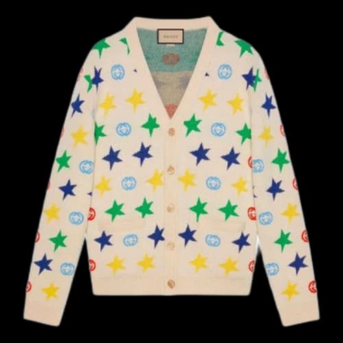 Gucci FW21 Double G Star Full Print Jacquard V Neck Wool Cardigan White