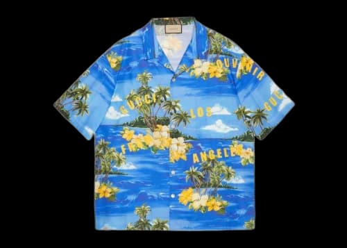 Gucci Printed Cotton Bowling Shirt Blue/Green/Yellow