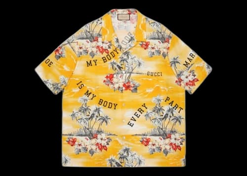 Gucci Printed Cotton Poplin Bowling Shirt Yellow/Red