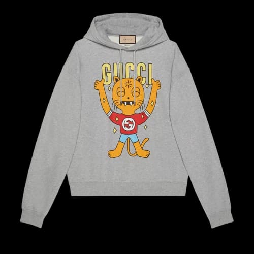 Gucci Cat Print Hooded Cotton Sweatshirt 'Grey'