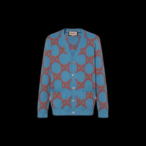 Gucci Wool Cardigan With GG Intarsia 'Light Blue Orange'