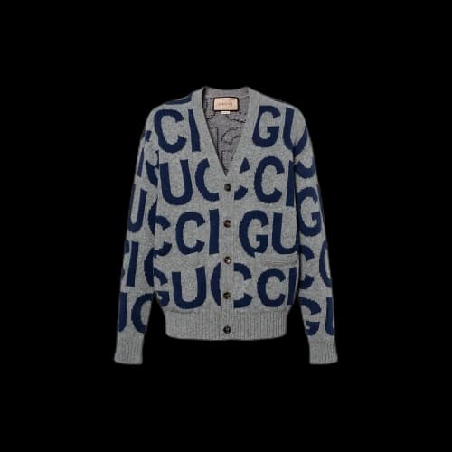 Gucci Wool Cardigan With Gucci Intarsia 'Grey Bue'