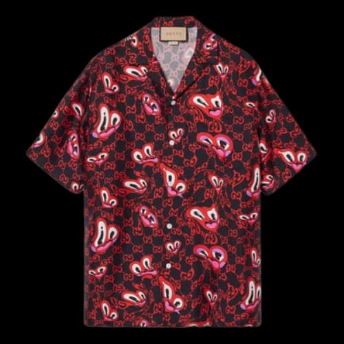 Gucci GG Hearts Silk Bowling Shirt 'Black Red'