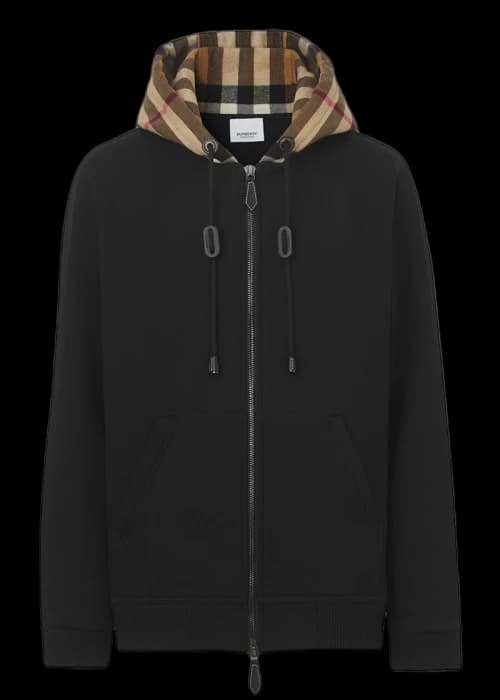 Burberry Check Hood Cotton Blend Zip-Front Hooded Top Black/Archive Beige