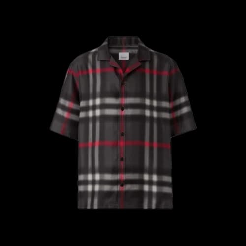 Burberry Short-Sleeve Blurred Check Silk Shirt Tempest Grey