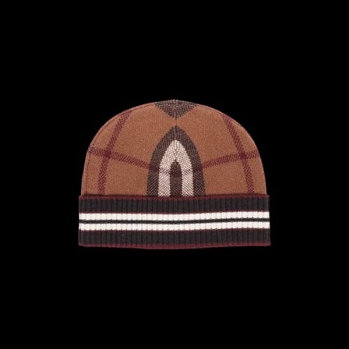 Burberry Check And Stripe Cashmere Beanie 'Dark Birch Brown'
