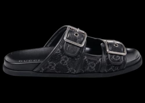 Gucci Slide Sandal Buckles Black GG Denim
