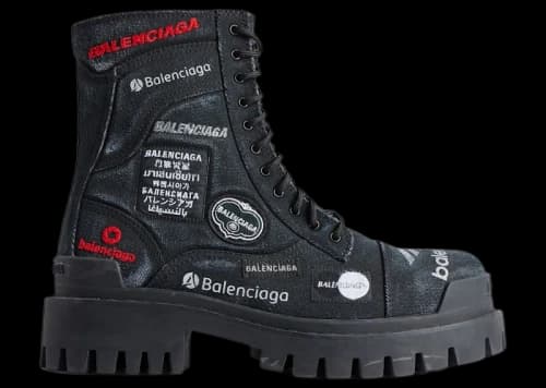Balenciaga Combat Strike Boot Black Canvas Embroidered Patches