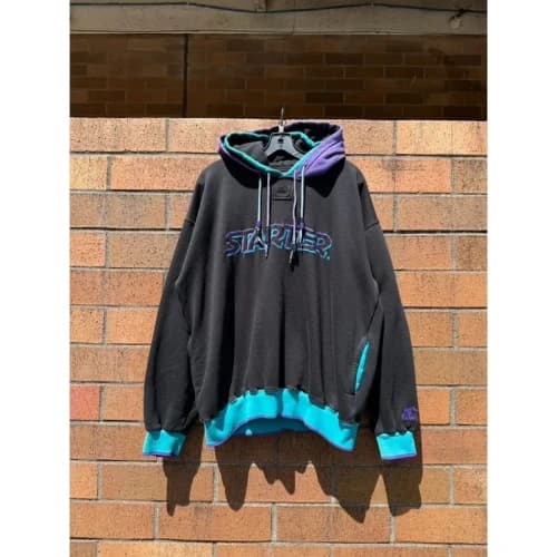 90s Starter Vintage Double Hood Hoodie Black Purple Hornets