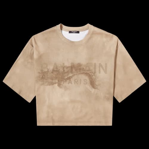 Balmain Eco Responsible Cropped Cotton T-Shirt With Logo Print 'Molt/Sand'