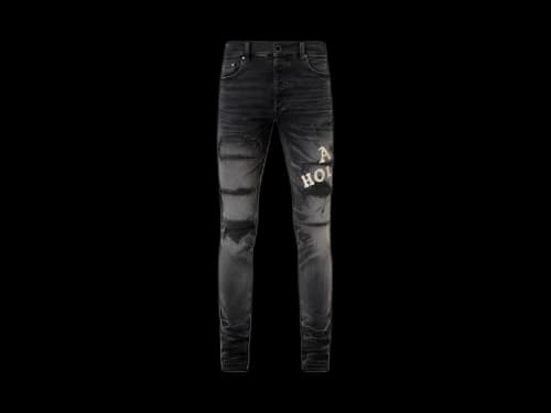 AMIRI Hollywood Leather Applique Thrasher Repaired Skinny Jean Honeycomb Indigo