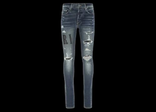 AMIRI Logo Patch Distressed Fitted Jeans Indigo
