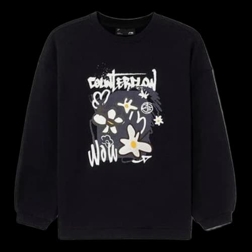 Li-Ning CF Sports Fashion Series Flowers Alphabet Printing Loose Fleece Lined Round Neck Pullover Hoodie 'Black'