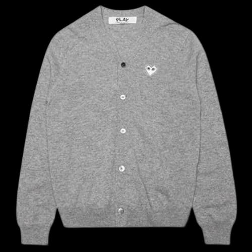 Comme des Garcons Play White Heart Knit Cardigan Sweater Light Grey