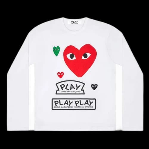 Comme des Garcons Play Multi Logo Red Heart Long Sleeve T-shirt White