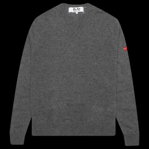 Comme des Garcons PLAY Play Women's Small Heart on Sleeve V Neck Sweater Grey