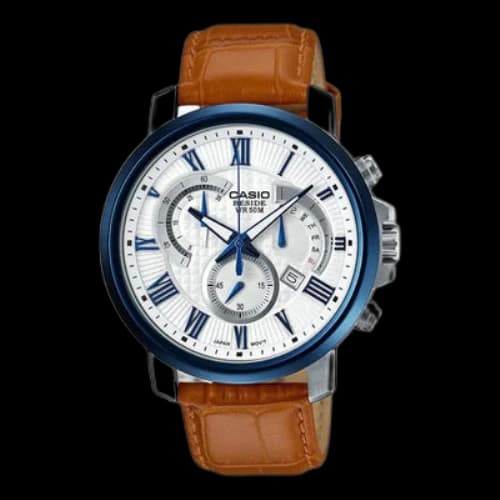 CASIO Quartz Watch Leather Strap White Dial Analog Mens