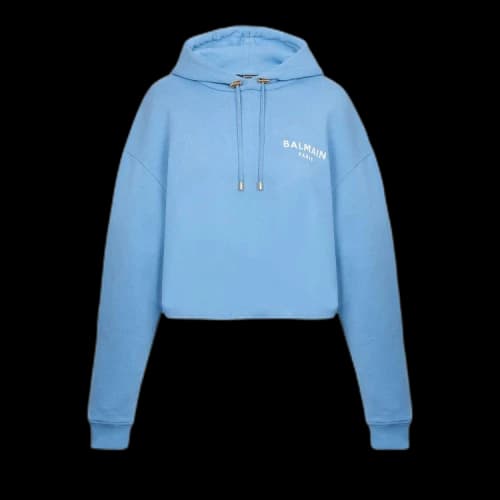 Balmain Flock Detail Cropped Hoodie 'Pale Blue/Natural'