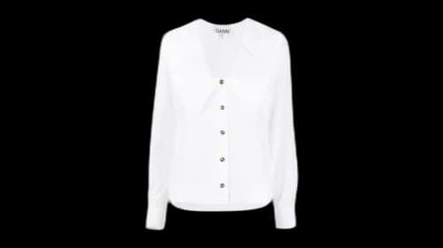 Ganni Cotton Poplin V-Neck Shirt White
