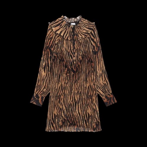 GANNI Pleated Georgette Adjustable Collar Mini Dress 'Tiger's Eye'