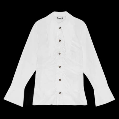 GANNI Cotton Poplin Ruched Shirt 'White'