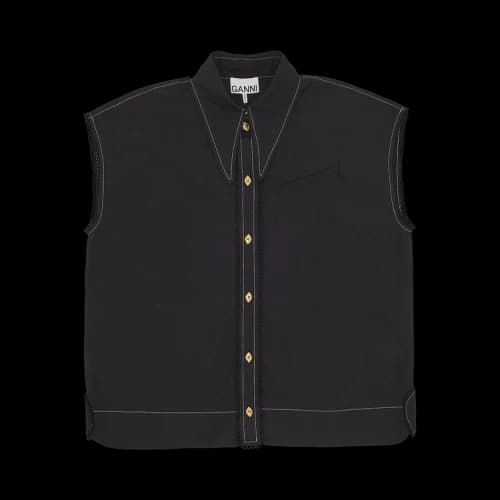 GANNI Cotton Poplin Sleeveless Button Down Shirt 'Black'