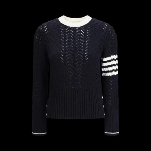 Thom Browne Cable Pointelle Stitch Classic Pullover 'Navy'