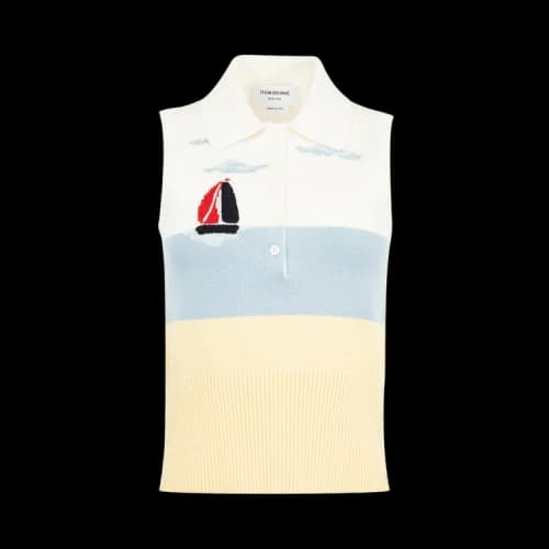 Thom Browne Hand Emb Nantucket Scenic Jersey Intarsia Sleeveless Polo In Cotton 'White'