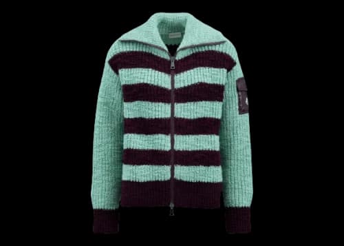 Moncler Women's Turtleneck Two-Toned Striped Back Cardigan Bordeaux/Aquagreen