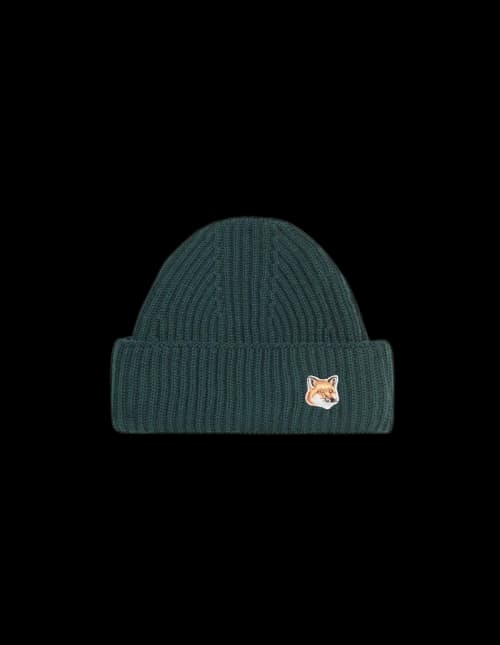 Maison Kitsune Fox Head Patch Ribbed Hat Dark Green