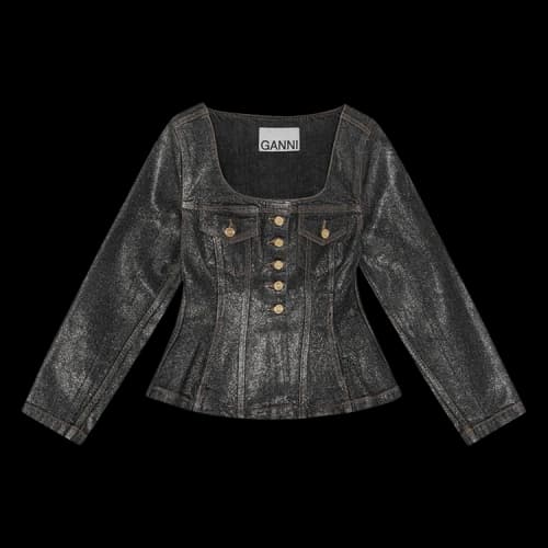 GANNI Shimmery Foil Denim Fitted Blazer 'Washed Black/Black'