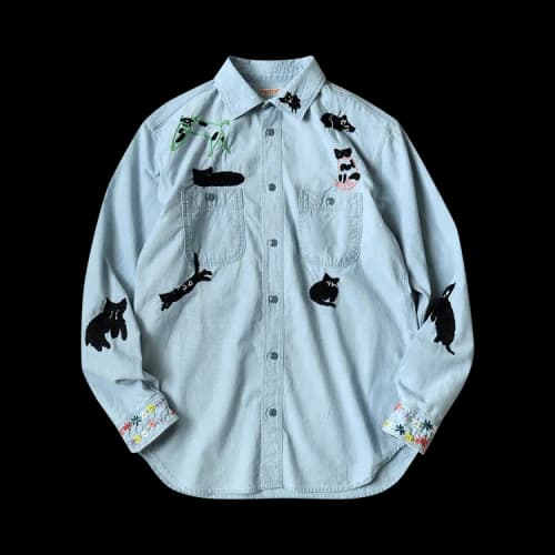 Kapital Chambray Work Shirt (Black Cat Embroidery) 'Sax'