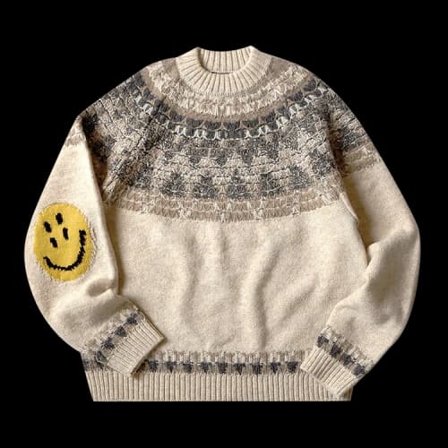 Kapital 5G Wool Nordic Smilie Patch Raglan Sweater 'Ecru'