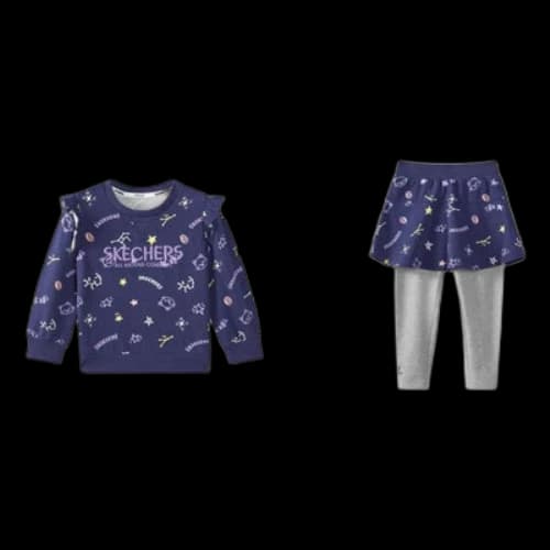 (GS) Skechers Letter Full Print Round Neck Pullover Sweatshirt Sports Suit 'Blue Pink'